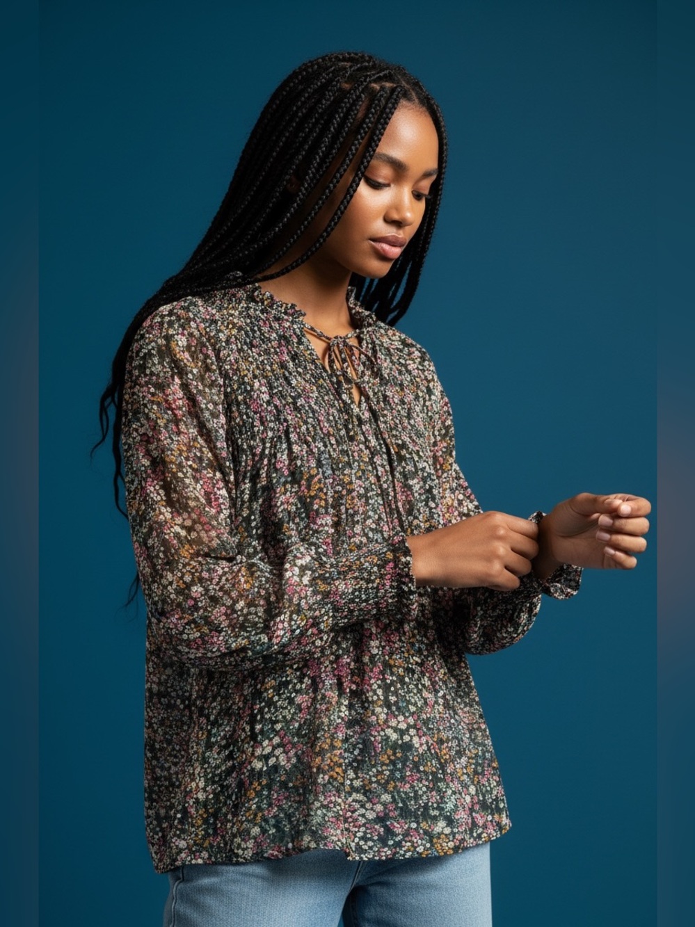 Philosophy Floral Smocked Tie-Neck Blouse long sleeve